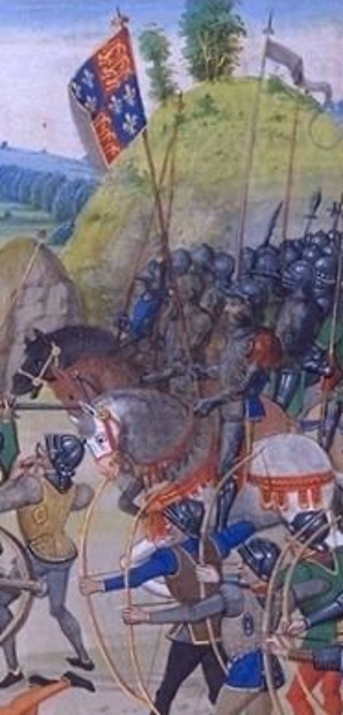 The Battle of Crecy, 26th August 1346. The knight mounted on the white horse with red trappings just right of centre is possibly Geoffrey de Say, over-lord of Essewelle. An illustration rom a manuscript copy of Jean Froissart’s ‘Chronicles’, 15th century CE. (National Library of France)