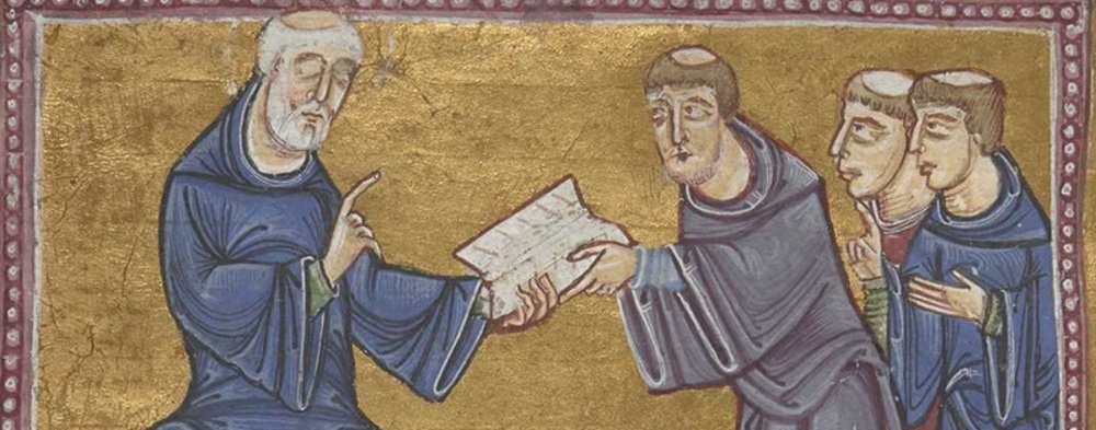 Illuminated manuscript showing St Benedict handing his rule to monks