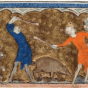 Swineherds beating down acorns for their pigs-Queen Mary Psalter, 1310-1320.