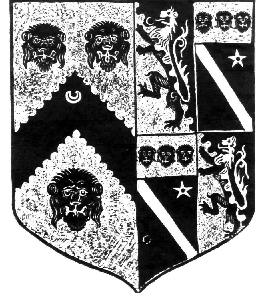 1581 From the commemorative brass of Alys Wilsford née Simpson The arms of Wilsford impaling Simpson. Arms. G. a chevr. engrailed betw. 3 leopards faces O. a crescent for difference, impaling, per bend nebuleè a lion ramp, counterchanged quartering A. a bend, on a chief G. 3 leopards faces, a mullet for difference.