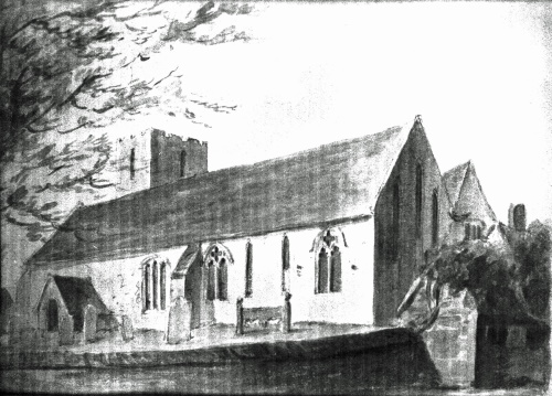 Nonington Church, an 1807 water-colour. The remains of an old wooden burial marker, used before the advent of cheap stone memorials, can be seen in mid picture. The gable end of the forge is visible to the right.