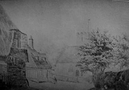 An 19th century sketch of the church from the bottom of Church Hill , exact date unknown, showing the gable end of the old tithe barn on the left.