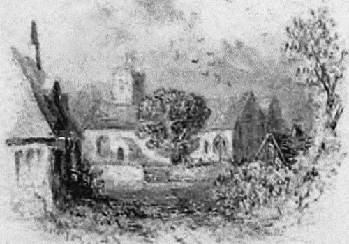 A sketch of the church from the bottom of Church Hill [now Vicarage Lane] from around 1800. The Church Street forge gable end can be seen on the right 