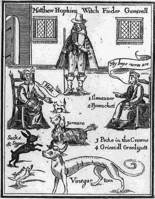 Frontispiece from Matthew Hopkins' The Discovery of Witches (1647), showing witches identifying their familiar spirits