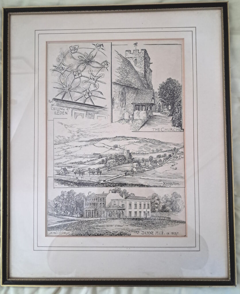 1920’s Kingston near Canterbury a large framed print by X. Willis showing the ceiling at the old Ileden house, church & village views and the old Denne Hill mansion.
