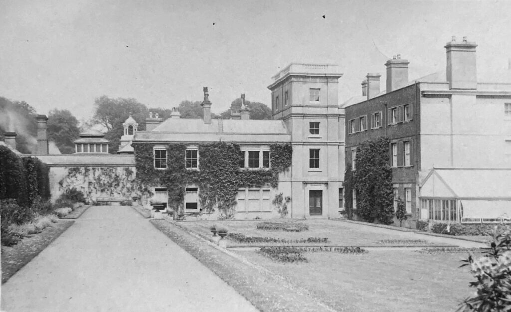 A 1915 view of the old Fredville Mansion viewed from the south from near to the Fredville Oak. Centre picture would appear to be the large nursery wing added in 1880 by Charles John Plumptre to accommodate the Plumptre family’s twelve children. The house and estates had been inherited by C. J. Plumptre on the death of John Pemberton Plumptre, his uncle, in 1864.