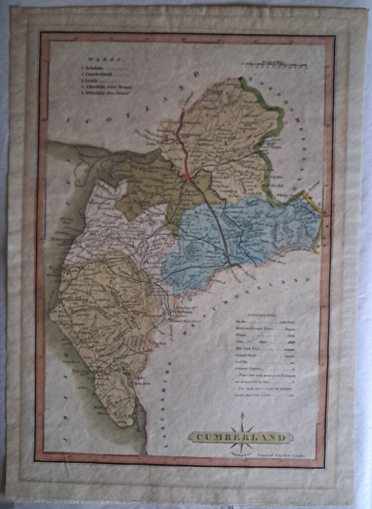 1814 Cumberland - Antique Map by J Wallis, circa 1814
An antique map of the English county of Cumberland engraved by J Wallis from  “Ellis's New and Correct Atlas of England and Wales”, published circa 1819.
Not mounted. In excellent original condition. The colours are very good. Some browning around the page margines. 
Measures 11 ½ x 8 ½ inches.