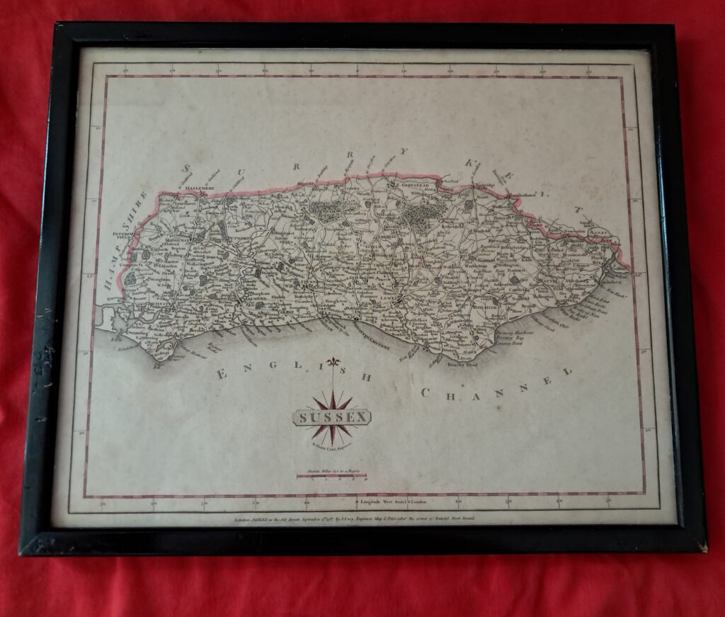Sussex by J. Carey, 1787-original antique framed county map, hand coloured-F&G