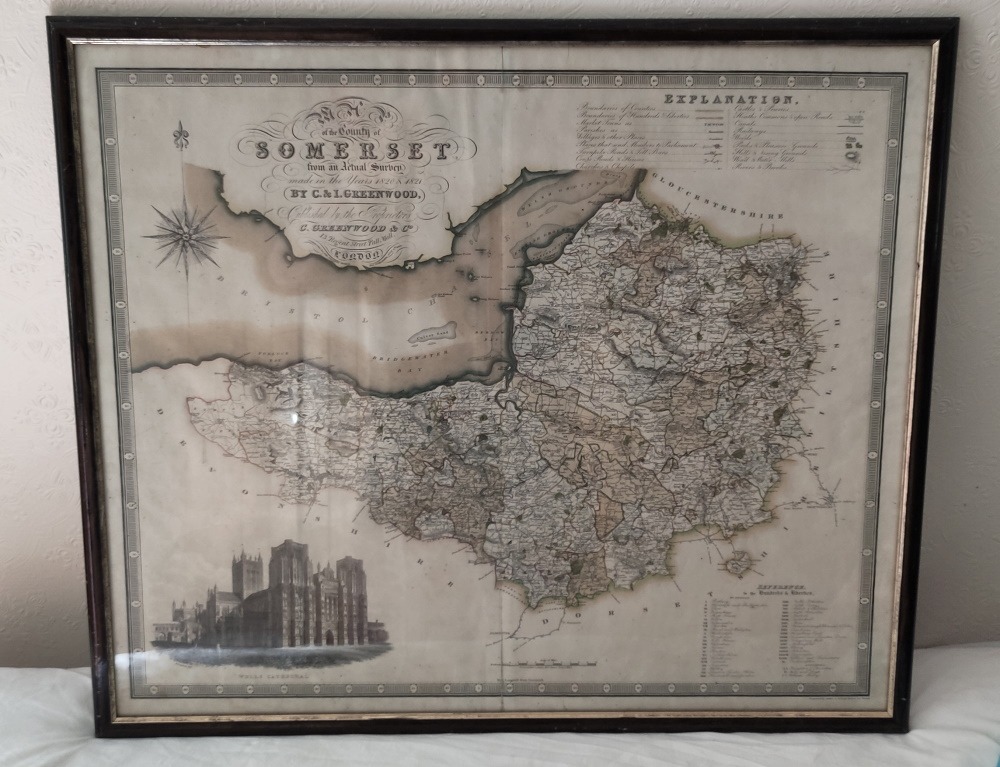 Somerset-an original framed copy of a copper engraved and hand coloured map of Somerset originally from Christopher and John Greenwood's Atlas Of The Counties Of England, from Actual Surveys made from the Years 1817 to 1833 (London: Greenwood & co.,1834).
+
£75
+
In excellent original condition with bright colours and virtually no foxing. It has a clearly visible centre fold which confirms that the map is from a copy of the atlas.
+
The frame measures 30 x 26 inches and is glazed with safety glass.