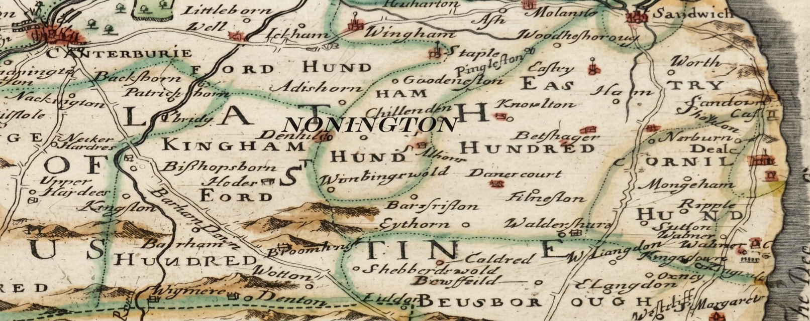 Nonington and its surrounds, from “This new map of Kent…” by Philip Lea, circa 1690